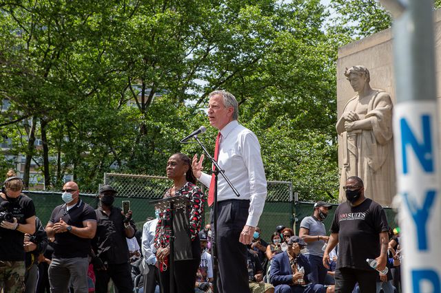 The mayor in Cadman Plaza at a memorial for George Floyd, June 4th, 2020.